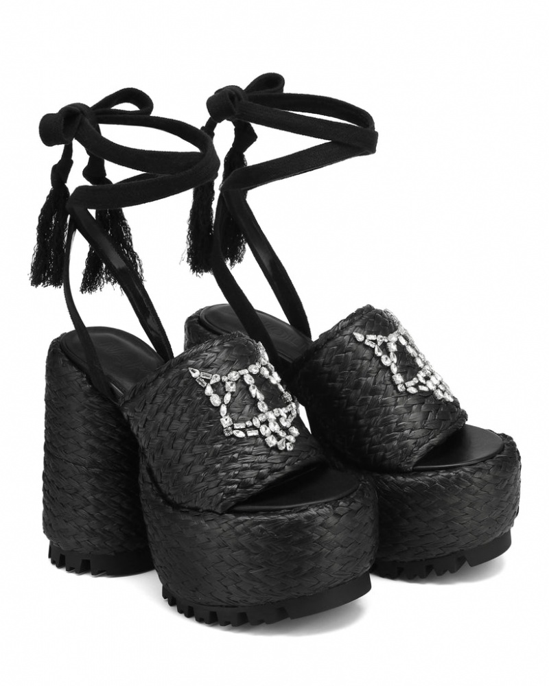 Women's Naked Wolfe Beach Raffia Heels Black Australia | X9L-8745