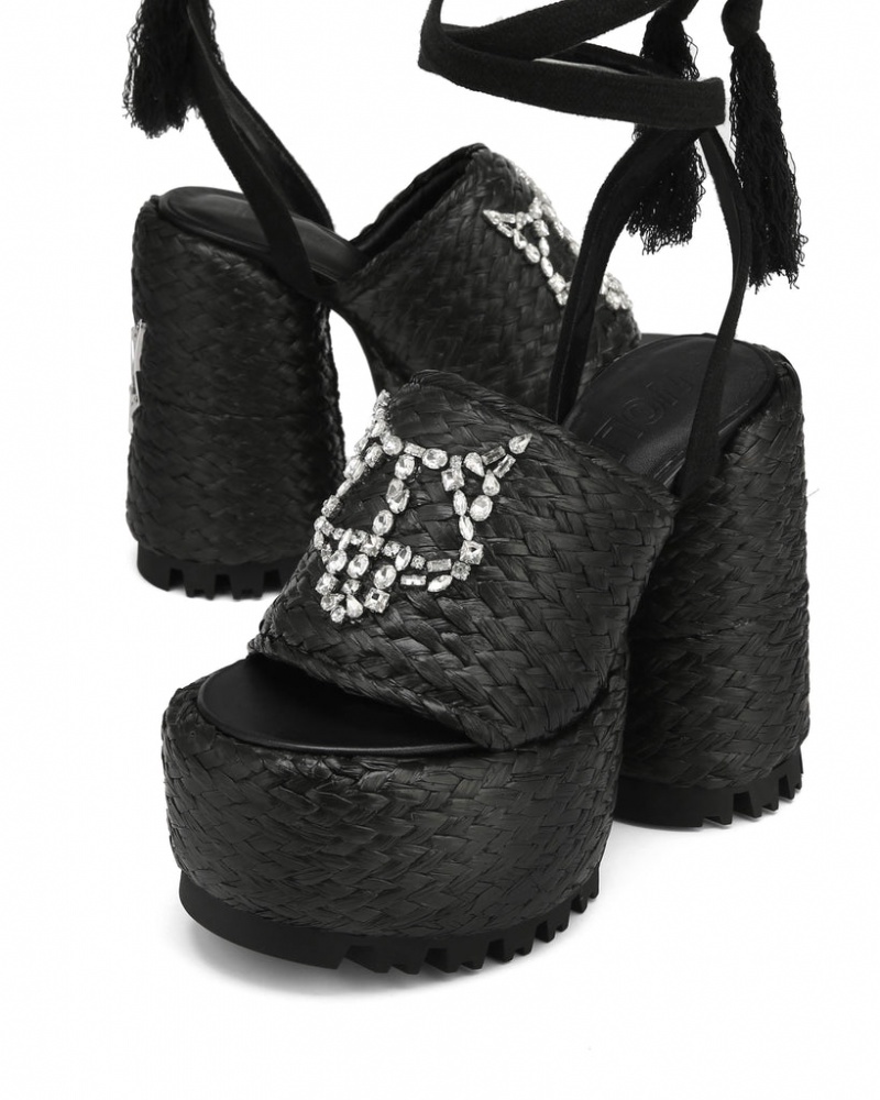 Women's Naked Wolfe Beach Raffia Heels Black Australia | X9L-8745